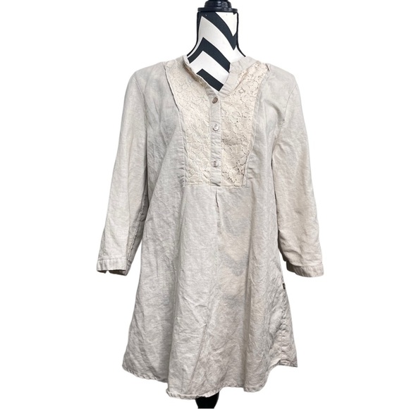 For Cynthia Beige Linen Cotton Blend 3/4 Lagenlook Lace Neutral Tunic Top - Picture 1 of 10